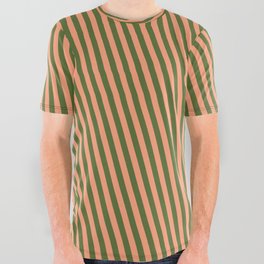 [ Thumbnail: Light Salmon and Dark Olive Green Colored Lines Pattern All Over Graphic Tee ]