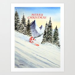 Merry Christmas with Skiing Santa Art Print
