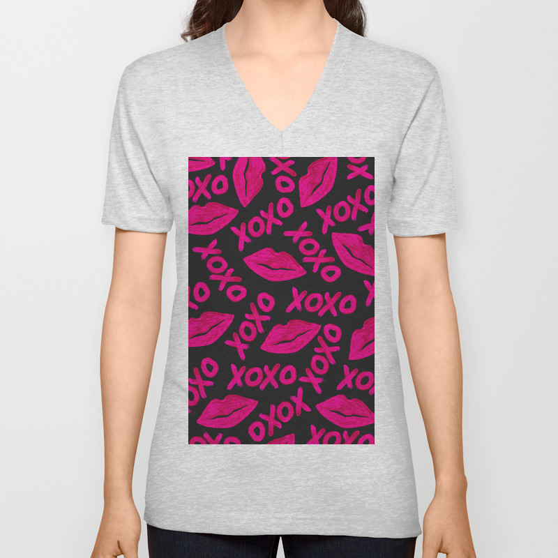 Xoxo Quote Black Neon Pink Lips Lipstick Pattern V Neck T Shirt By La Femme Society6