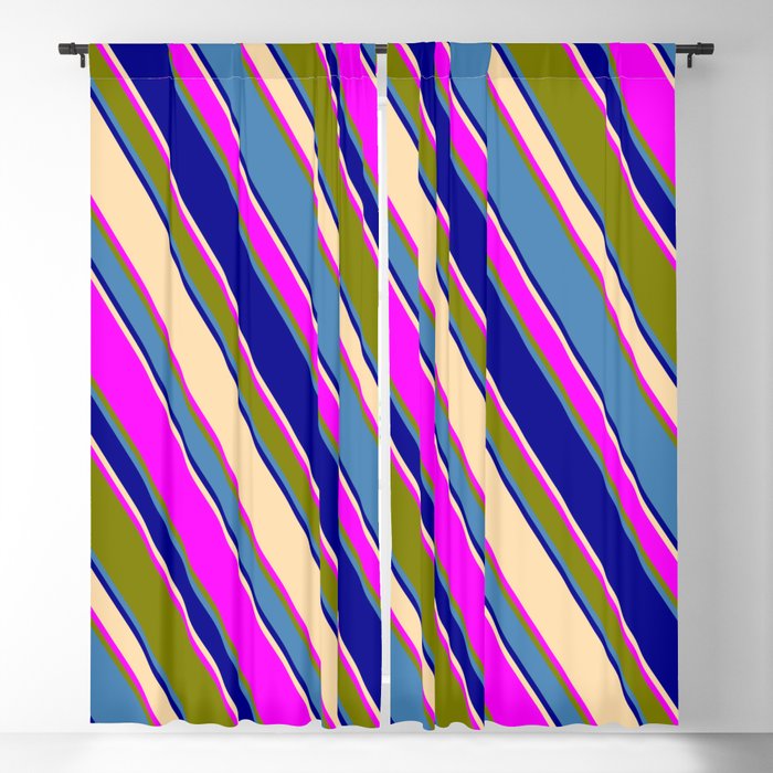 Blue, Dark Blue, Tan, Fuchsia, and Green Colored Stripes/Lines Pattern Blackout Curtain