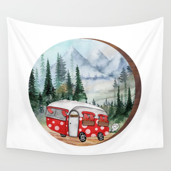 Mountain Adventure Camper Illustration Wall Tapestry