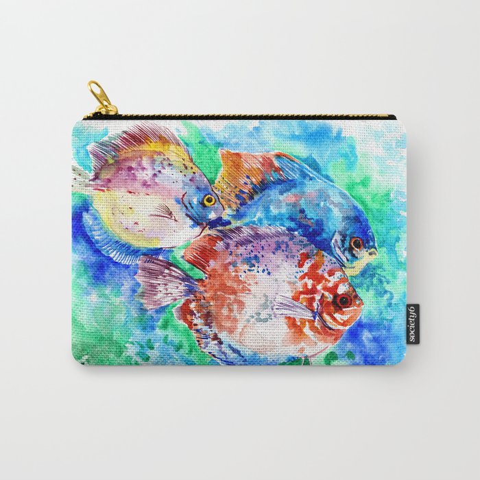 Underwater Scene Artwork, Discus Fish, Turquoise blue pink aquatic design Carry-All Pouch