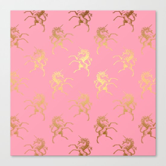 Gold elegant Unicorns on pink pattern Canvas Print