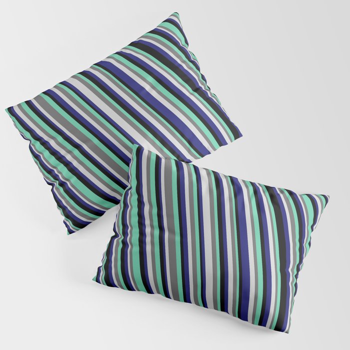 Light Grey, Midnight Blue, Black, Aquamarine & Dim Grey Colored Lined/Striped Pattern Pillow Sham