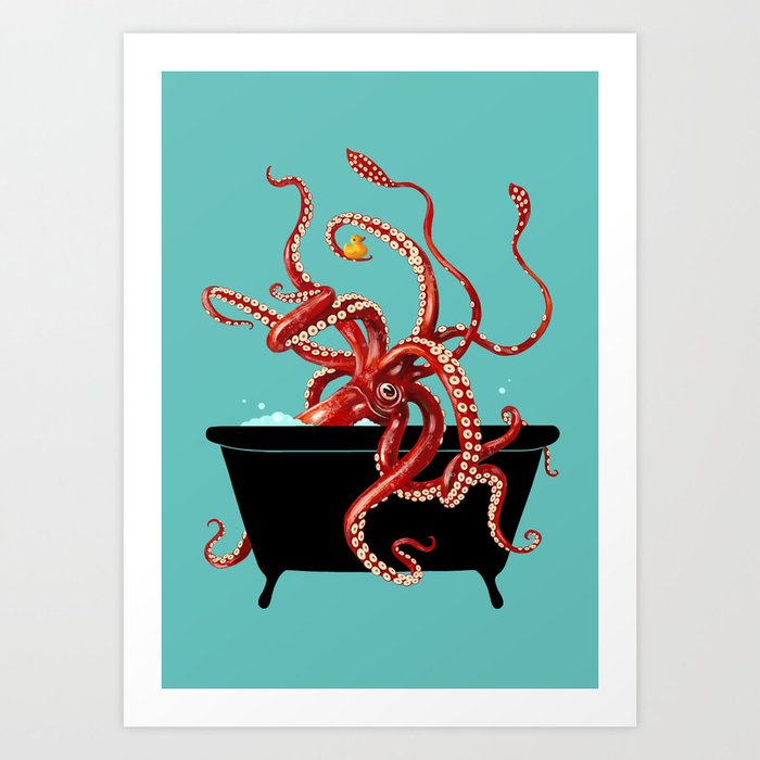 Giant Squid in Bathtub Art Print