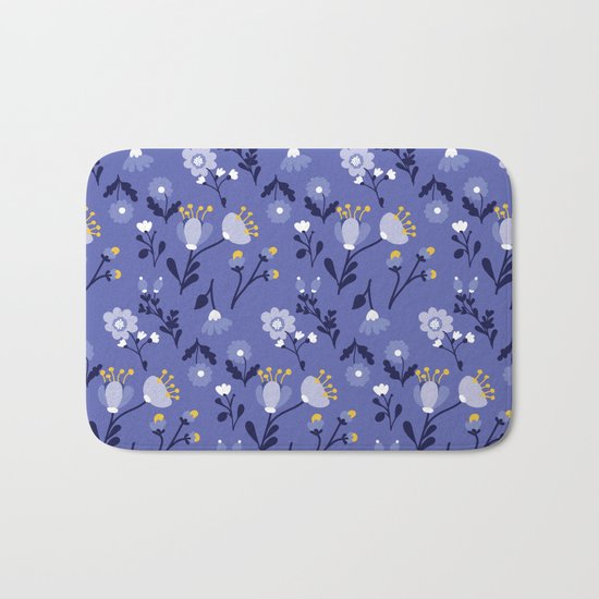 Blue Vintage Flower Pattern Bath Mat