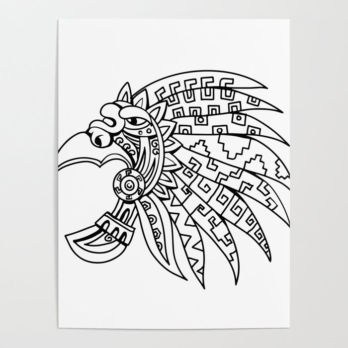 Aztec Feathered Headdress Drawing Black and White Poster