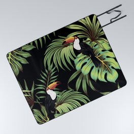 Tropical vintage toucan, palm leaves floral seamless pattern black background. Exotic jungle wallpaper.  Picnic Blanket