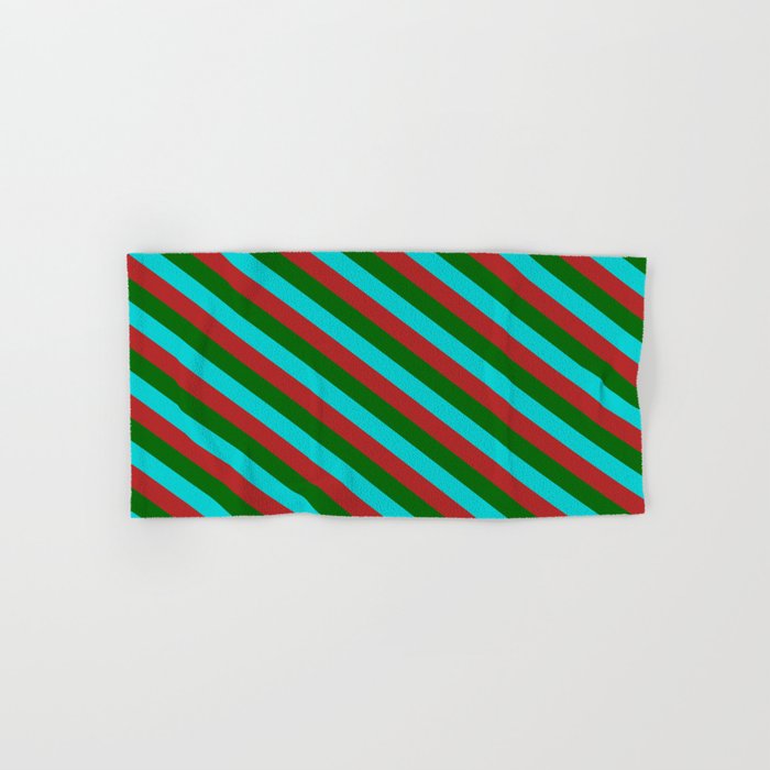 Red, Dark Green, and Dark Turquoise Colored Lined/Striped Pattern Hand & Bath Towel
