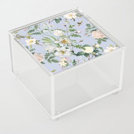 White Flowers  at Bright Skies - Vintage botanical illustration collage on light pastel blue color Acrylic Box