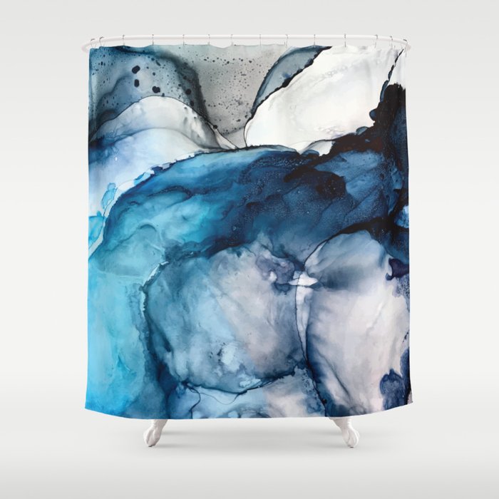 White Sand Blue Sea Alcohol Ink Painting Shower Curtain By