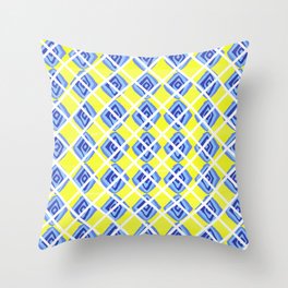 Hand Drawn Lemon Yellow Blue Diamond Argyle Pattern Throw Pillow