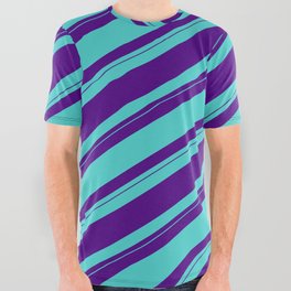 [ Thumbnail: Indigo & Turquoise Colored Striped/Lined Pattern All Over Graphic Tee ]