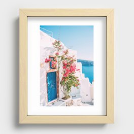 Blue Door in Santorini - Greece Travel Photography - Summer Island Recessed Framed Print