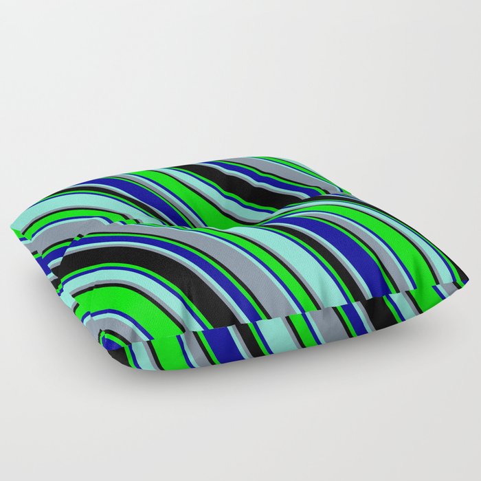 Colorful Black, Lime, Dark Blue, Aquamarine, and Light Slate Gray Colored Lined Pattern Floor Pillow