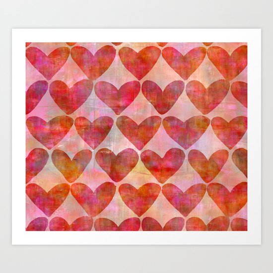 red Hearts mixed media pattern Art Print