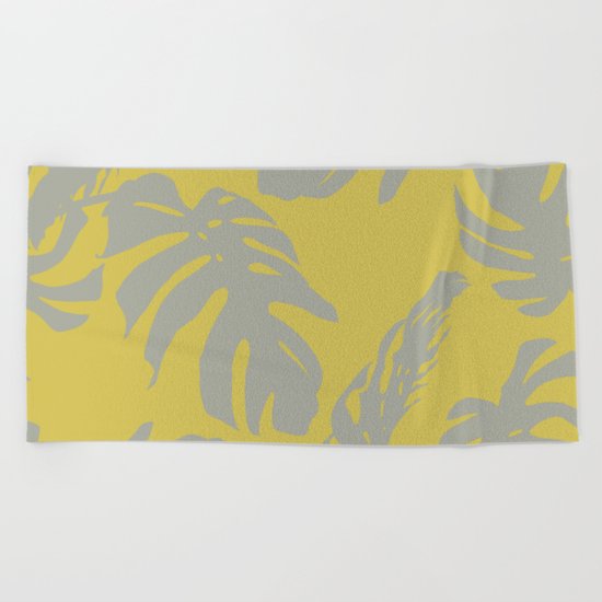 Palm Leaves Retro Gray on Mod Yellow Beach Towel
