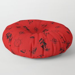 Red And Black Silhouettes Of Vintage Nautical Pattern Floor Pillow