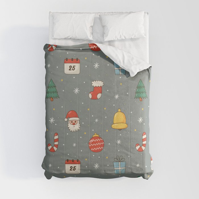 Christmas Characters Seamless Pattern on Gray Background Comforter