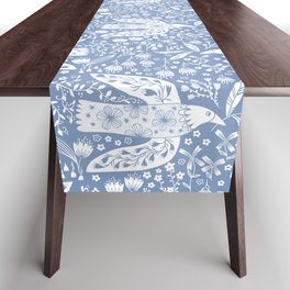 Doves and Flowers Bird Art White on Blue Table Runner