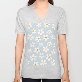 Light Blue Daisy Pattern | Retro 60's flower V Neck T Shirt