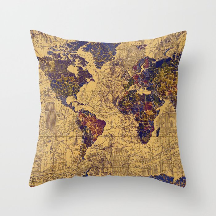 World map drawing landmarks 2 Throw Pillow