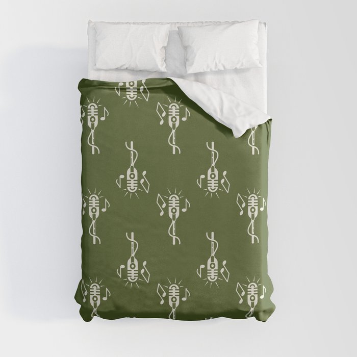Retro Microphone Pattern on Olive Green Duvet Cover