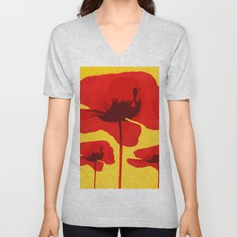 Large Red Poppies Warm Yellow Background #decor #society6 #buyart V Neck T Shirt