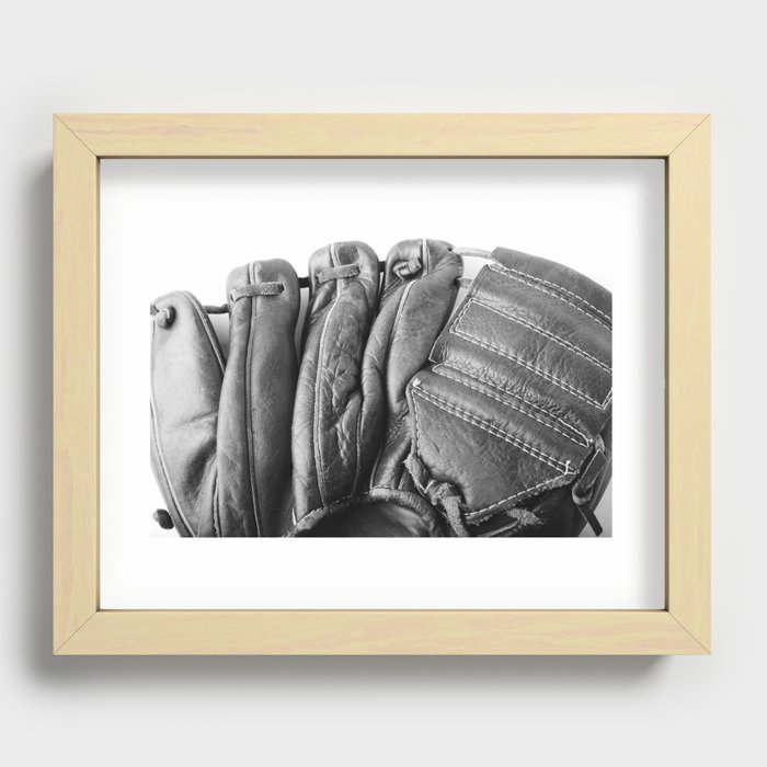 Old baseball leather glove in black and white Recessed Framed Print