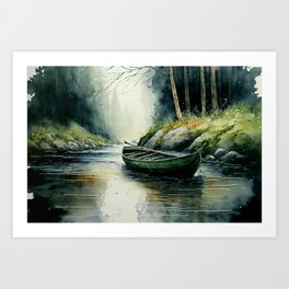 Boat on a River Watercolor Art Print