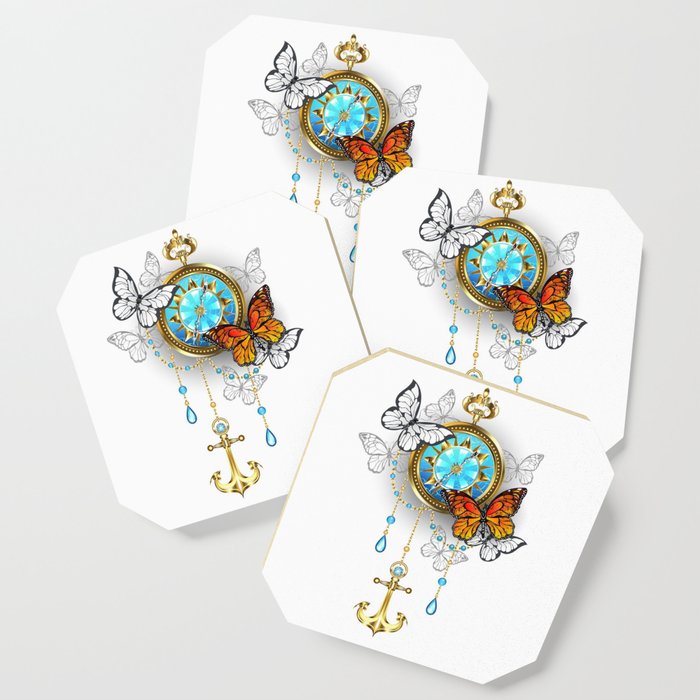 Compass with Butterflies Coaster