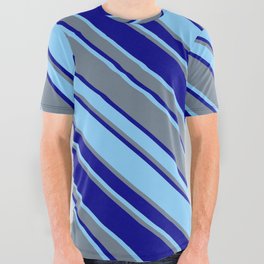 [ Thumbnail: Light Sky Blue, Slate Gray, and Dark Blue Colored Striped/Lined Pattern All Over Graphic Tee ]