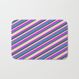 [ Thumbnail: Tan, Fuchsia, Blue, and Dark Slate Gray Colored Stripes Pattern Bath Mat ]