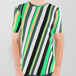 [ Thumbnail: Vibrant Green, Tan, Dark Slate Gray, White, and Black Colored Striped/Lined Pattern All Over Graphic Tee ]