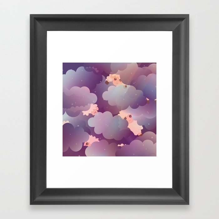 Heavenly Baby Sheep II - Wine Purple / Plum Color, Star Night Sky Background Framed Art Print