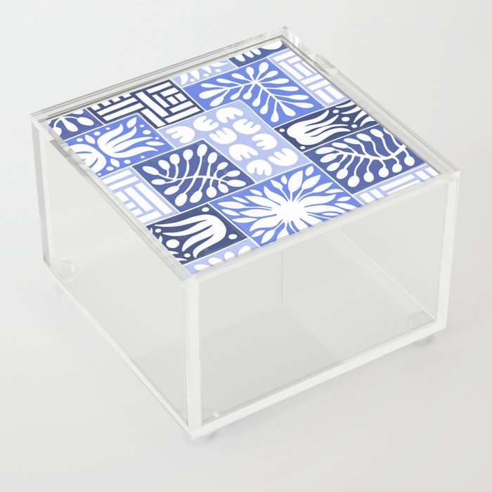 Stylized Floral Patchwork in Shades of Blue Acrylic Box