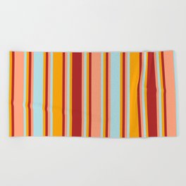 [ Thumbnail: Orange, Red, Light Salmon & Powder Blue Colored Stripes/Lines Pattern Beach Towel ]