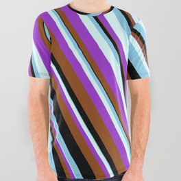 [ Thumbnail: Eyecatching Light Cyan, Dark Orchid, Brown, Black & Sky Blue Colored Stripes/Lines Pattern All Over Graphic Tee ]