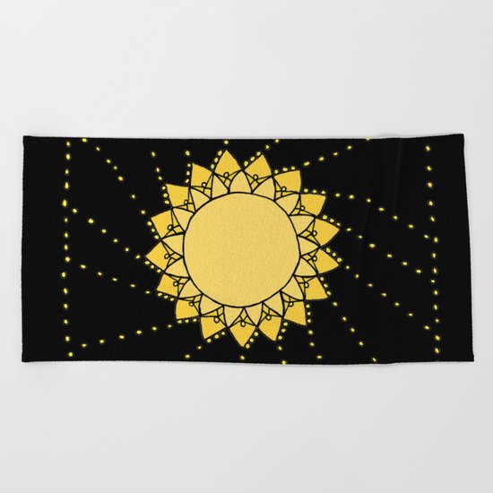 Celestial Swirling Sun Boho Mandala Hand-drawn Illustration on Black Beach Towel