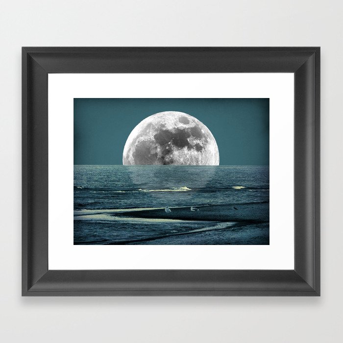 Teal Coastal Beach Art Ocean Full Moon Seagull Lake House A285 Framed Art Print