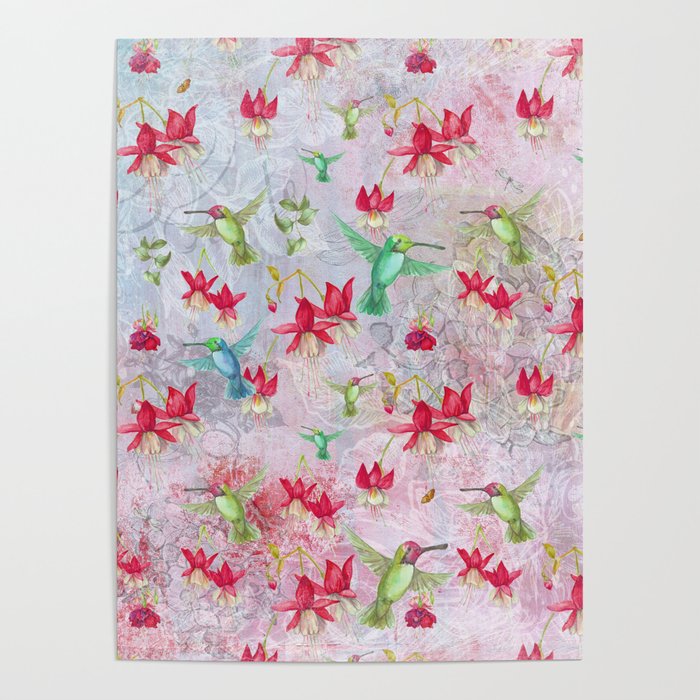 Vintage Watercolor hummingbird and Fuchsia Flowers on pink Background Poster