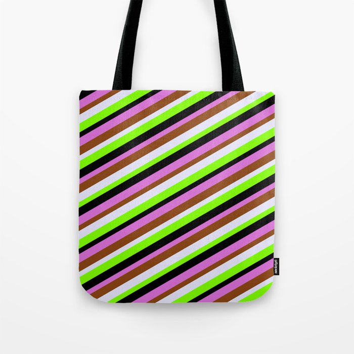 Colorful Orchid, Brown, Lavender, Chartreuse & Black Colored Stripes Pattern Tote Bag