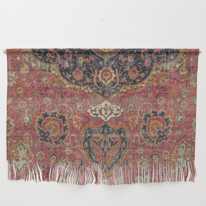 Persian Medallion Rug VII // 16th Century Distressed Red Green Blue Flowery Colorful Ornate Pattern Wall Hanging