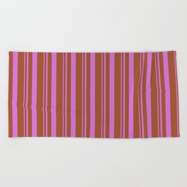 [ Thumbnail: Orchid & Sienna Colored Lines Pattern Beach Towel ]