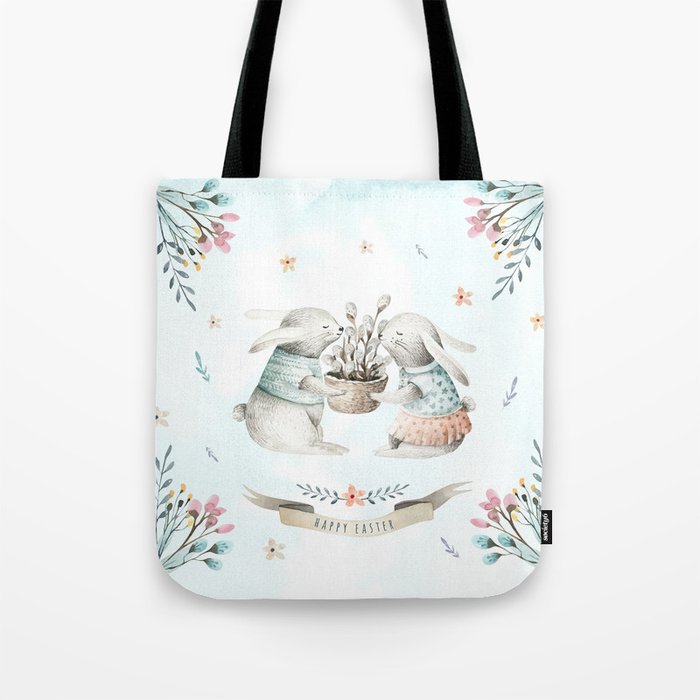 Happy Easter Bunny Rabbits with Flowers Tote Bag