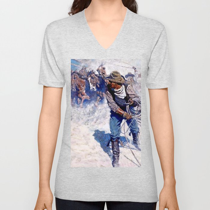 N C Wyeth Painting “Roping Wild Horses” V Neck T Shirt