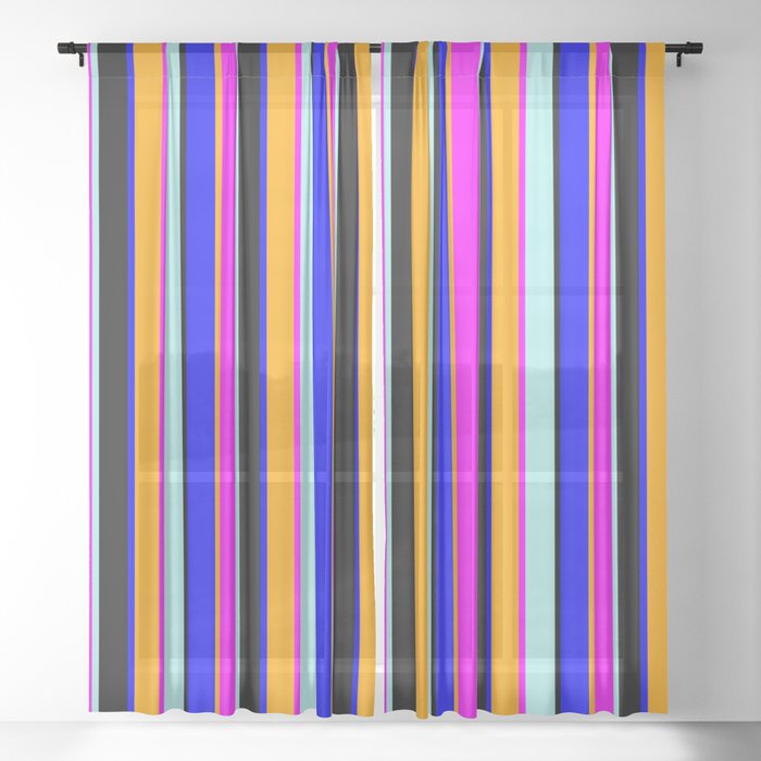 Vibrant Turquoise, Fuchsia, Orange, Blue & Black Colored Striped/Lined Pattern Sheer Curtain