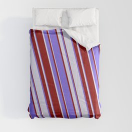 [ Thumbnail: Medium Slate Blue, Lavender & Dark Red Colored Stripes/Lines Pattern Comforter ]