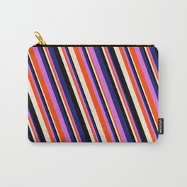 [ Thumbnail: Vibrant Midnight Blue, Orchid, Red, Beige & Black Colored Striped/Lined Pattern Carry-All Pouch ]