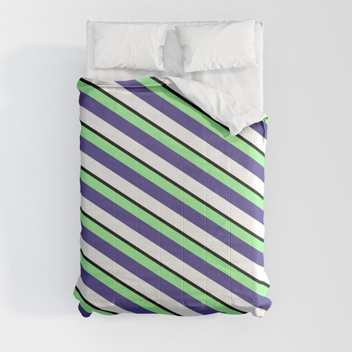 Green, Dark Slate Blue, White & Black Colored Striped Pattern Comforter